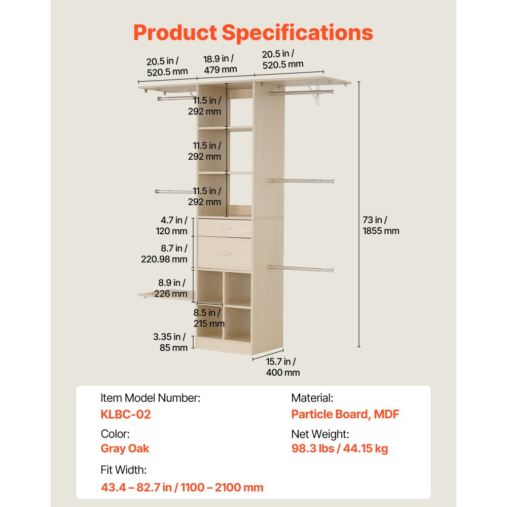 VEVOR Perchero con 2 Cajones, Perchero de Madera Ajustable, Organizador de Armario con 5 Barras Extensibles de 46-81 cm, Carga 362,7 kg, Aglomerado y MDF, para Vestidores, 1520 x 400 x 1855 mm
