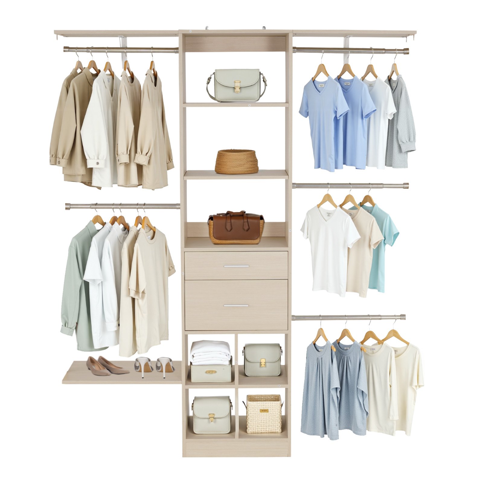 VEVOR Perchero con 2 Cajones, Perchero de Madera Ajustable, Organizador de Armario con 5 Barras Extensibles de 46-81 cm, Carga 362,7 kg, Aglomerado y MDF, para Vestidores, 1520 x 400 x 1855 mm