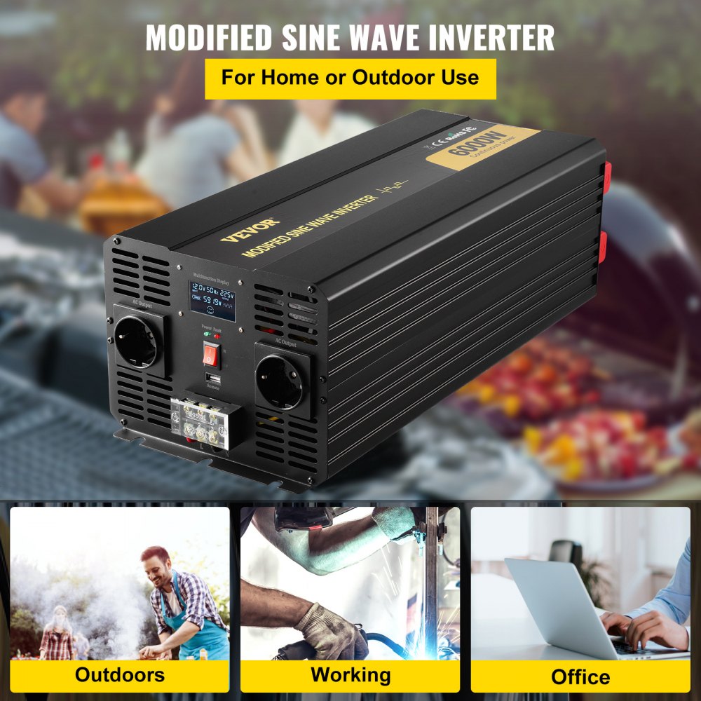 Inversor de corriente VEVOR, 6000 W, inversor de onda sinusoidal modificada, convertidor de CC de 12 V a CA de 230 V para automóvil con control remoto con pantalla LCD, indicadores LED, tomas de corriente de la UE, inversor de corriente para automóvil, RV, camión, barco, viajes, campamento