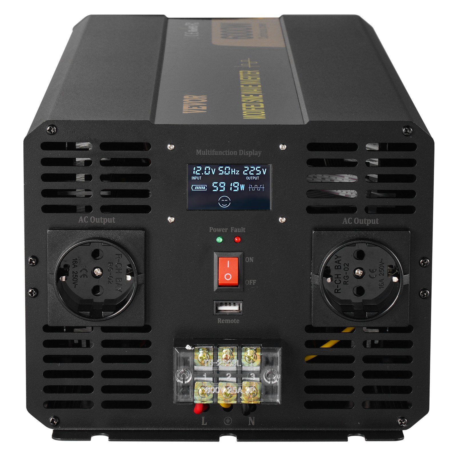 Inversor de corriente VEVOR, 6000 W, inversor de onda sinusoidal modificada, convertidor de CC de 12 V a CA de 230 V para automóvil con control remoto con pantalla LCD, indicadores LED, tomas de corriente de la UE, inversor de corriente para automóvil, RV, camión, barco, viajes, campamento