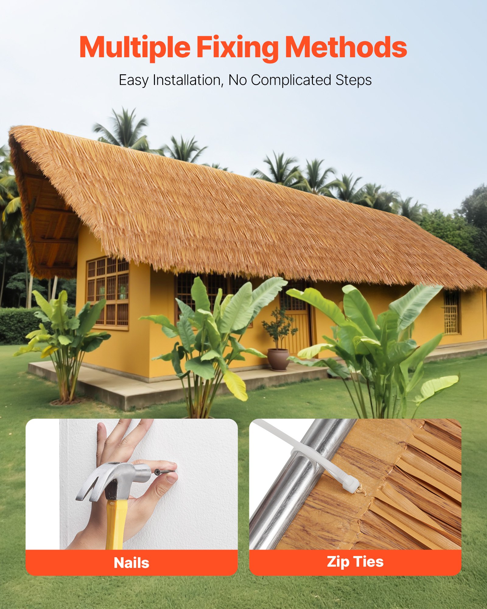 VEVOR Techo de Paja Artificial, 4,8 x 5 m, Estilo Mexicano, para Barra Tiki, Impermeable e Ignífugo, para Patio, Piscina, Playa, Decoración Fiesta Hawaiana, Durable y Resistente a la Intemperie