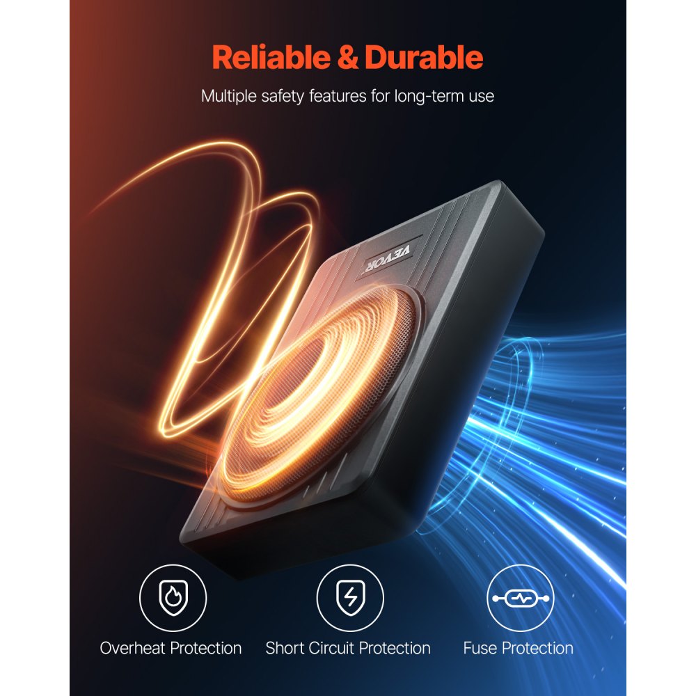 VEVOR Under-Seat Car Subwoofer 300W 254mm Slim Car Subwoofer with Power Supply, Subsystem with Built-in Amplifier, High/Low Level Input and Volume Control for SUVs and Trucks