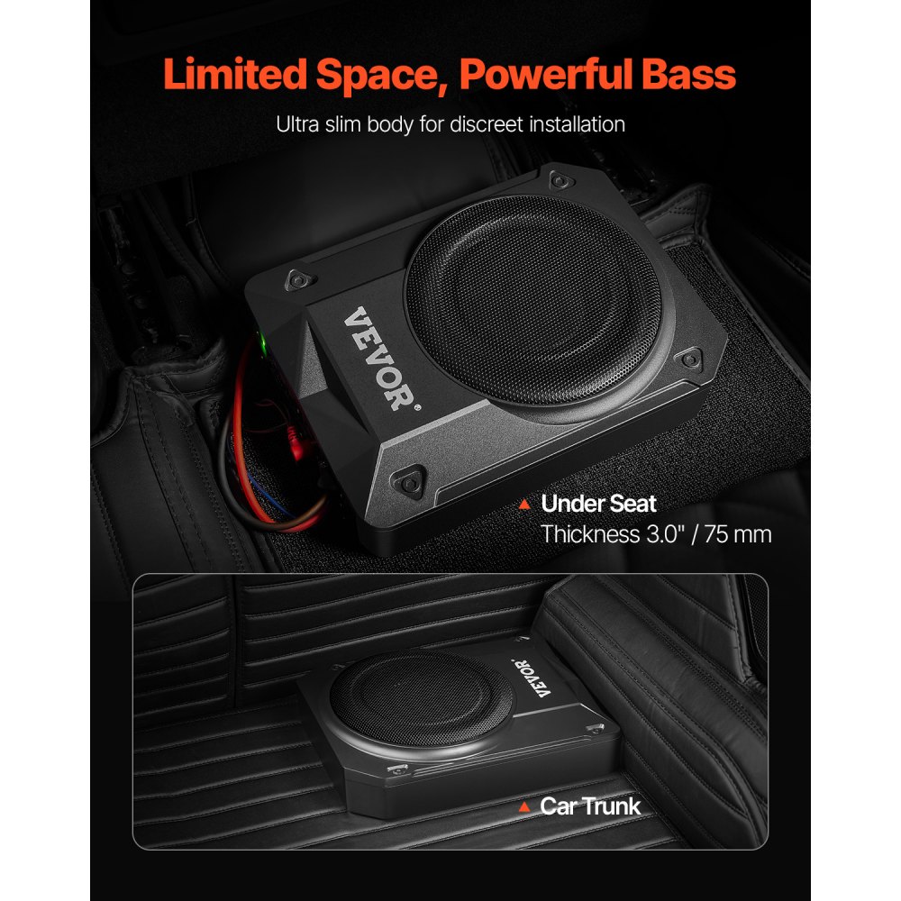VEVOR Subwoofer para Debajo del Asiento para Automóvil 203 mm 800 W Altavoz Compacto para Coche Amplificador Incorporado Entrada de Nivel Alto Bajo Controlador de Volumen Control Remoto con Cable