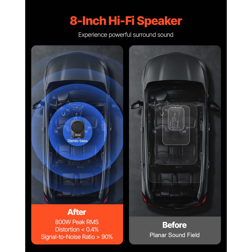 VEVOR Subwoofer para Debajo del Asiento para Automóvil 203 mm 800 W Altavoz Compacto para Coche Amplificador Incorporado Entrada de Nivel Alto Bajo Controlador de Volumen Control Remoto con Cable