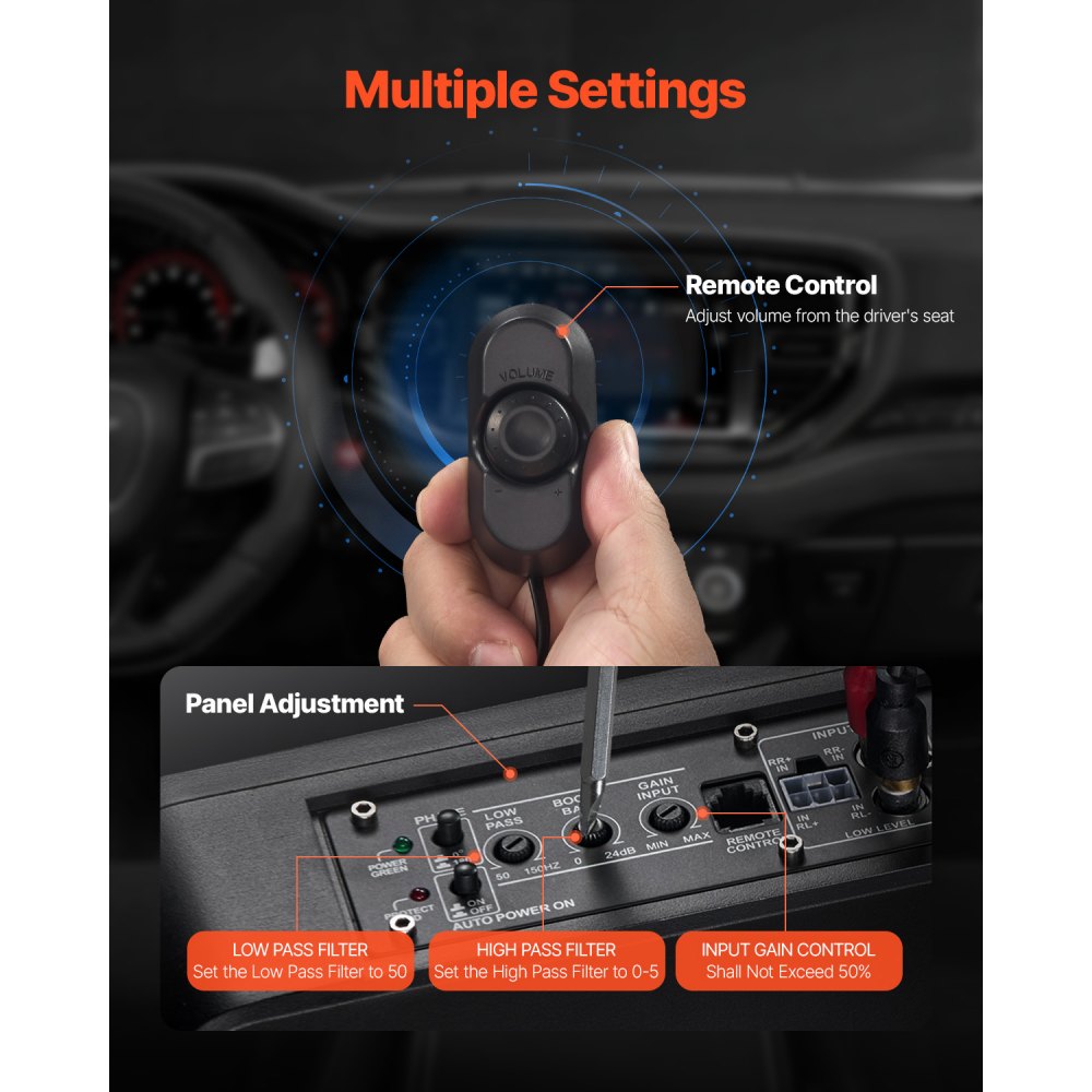 VEVOR Subwoofer para Debajo del Asiento para Automóvil 203 mm 800 W Altavoz Compacto para Coche Amplificador Incorporado Entrada de Nivel Alto Bajo Controlador de Volumen Control Remoto con Cable