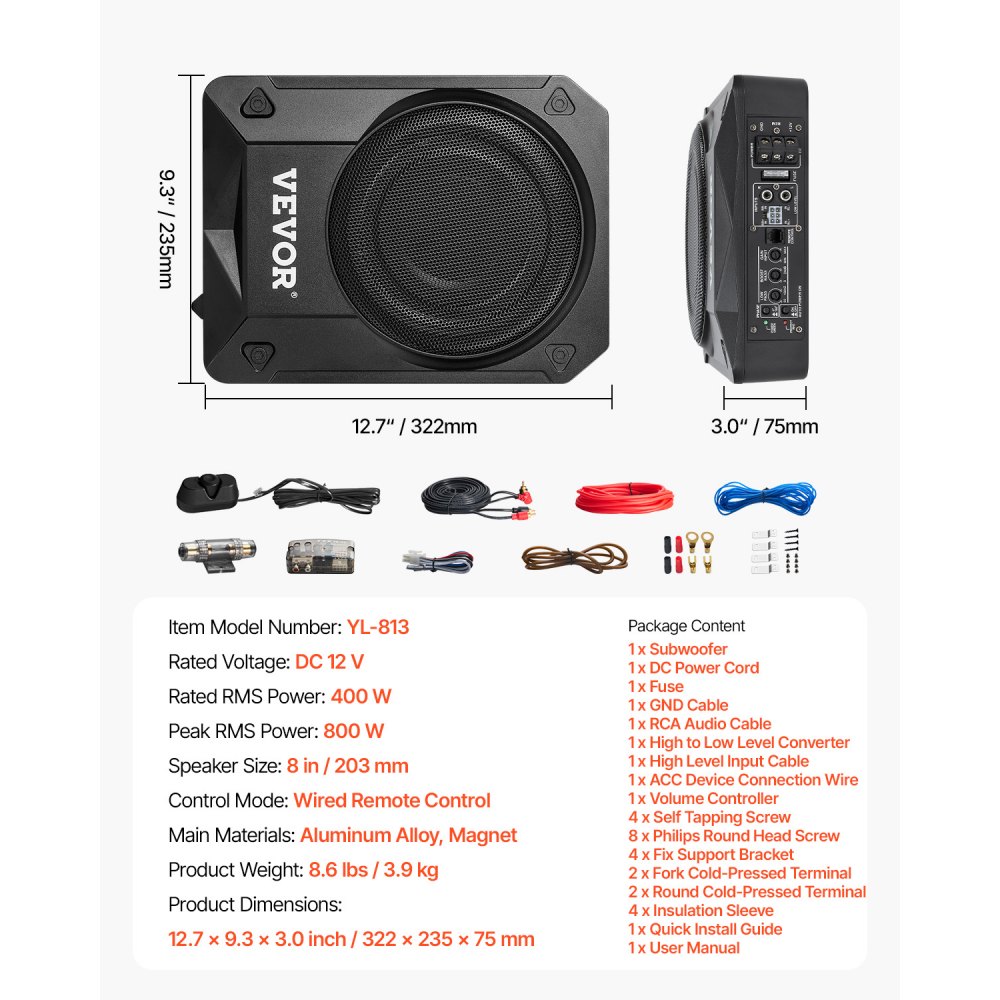 VEVOR Subwoofer para Debajo del Asiento para Automóvil 203 mm 800 W Altavoz Compacto para Coche Amplificador Incorporado Entrada de Nivel Alto Bajo Controlador de Volumen Control Remoto con Cable