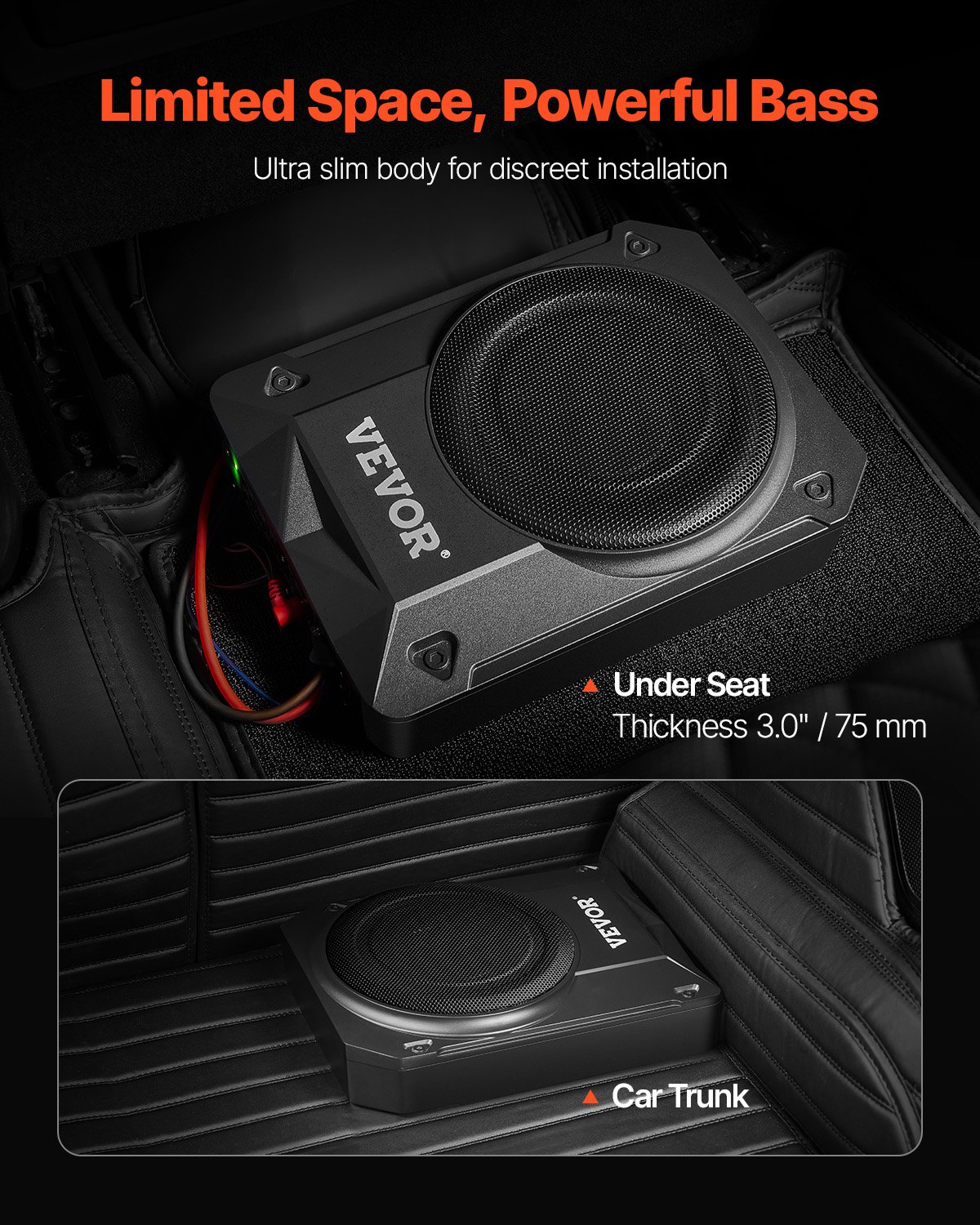 VEVOR Subwoofer para Debajo del Asiento para Automóvil 203 mm 800 W Altavoz Compacto para Coche Amplificador Incorporado Entrada de Nivel Alto Bajo Controlador de Volumen Control Remoto con Cable