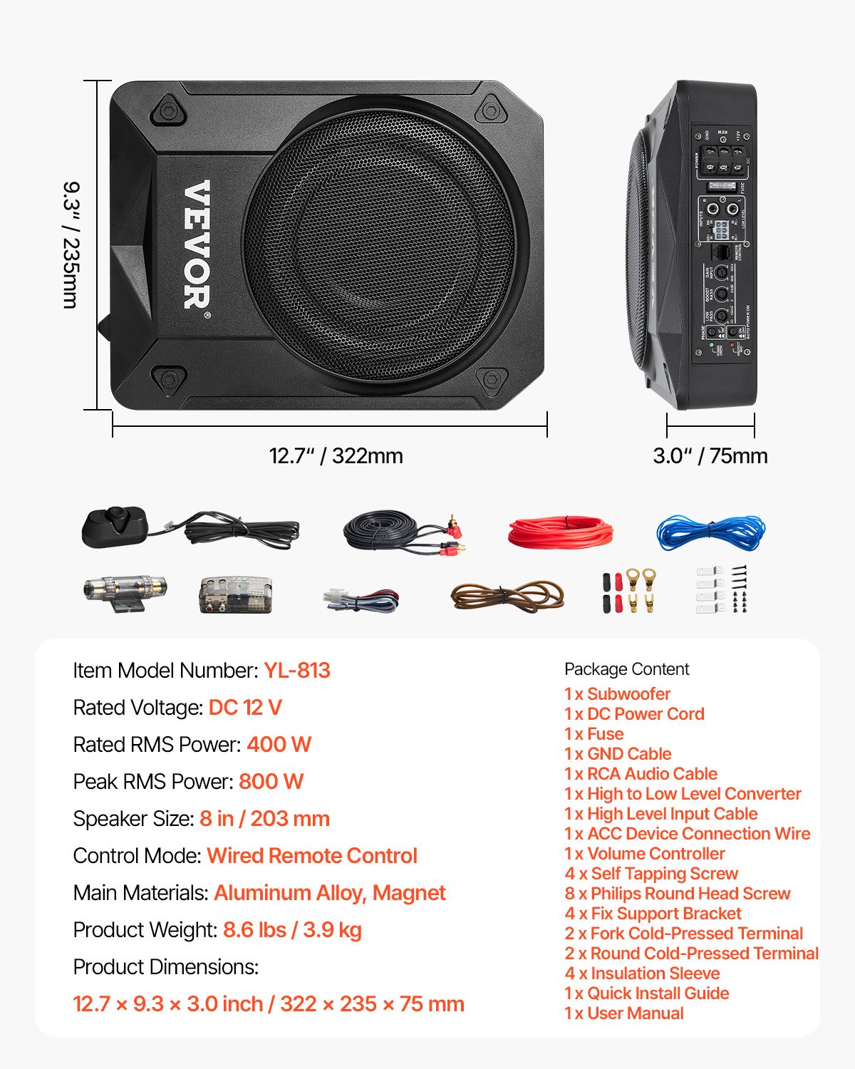VEVOR Subwoofer para Debajo del Asiento para Automóvil 203 mm 800 W Altavoz Compacto para Coche Amplificador Incorporado Entrada de Nivel Alto Bajo Controlador de Volumen Control Remoto con Cable