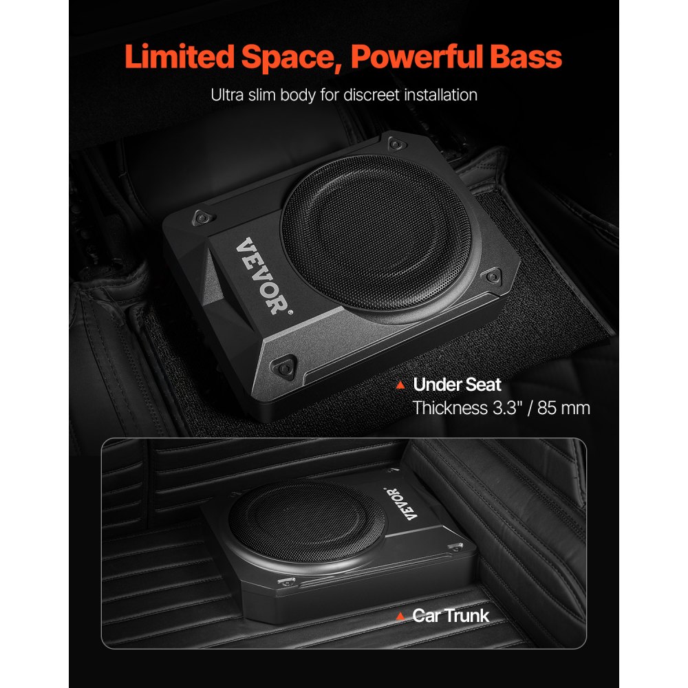 VEVOR Subwoofer para Debajo del Asiento para Automóvil 254 mm 400 W Altavoz Compacto para Coche Amplificador Incorporado Entrada de Nivel Alto Bajo Controlador de Volumen Control Remoto con Cable