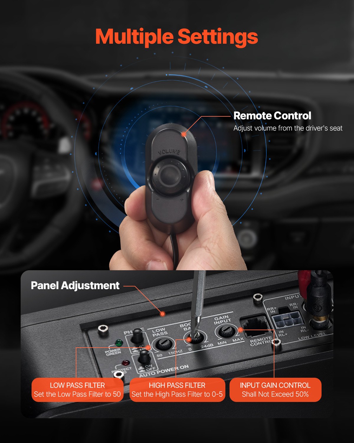 VEVOR Subwoofer para Debajo del Asiento para Automóvil 254 mm 400 W Altavoz Compacto para Coche Amplificador Incorporado Entrada de Nivel Alto Bajo Controlador de Volumen Control Remoto con Cable