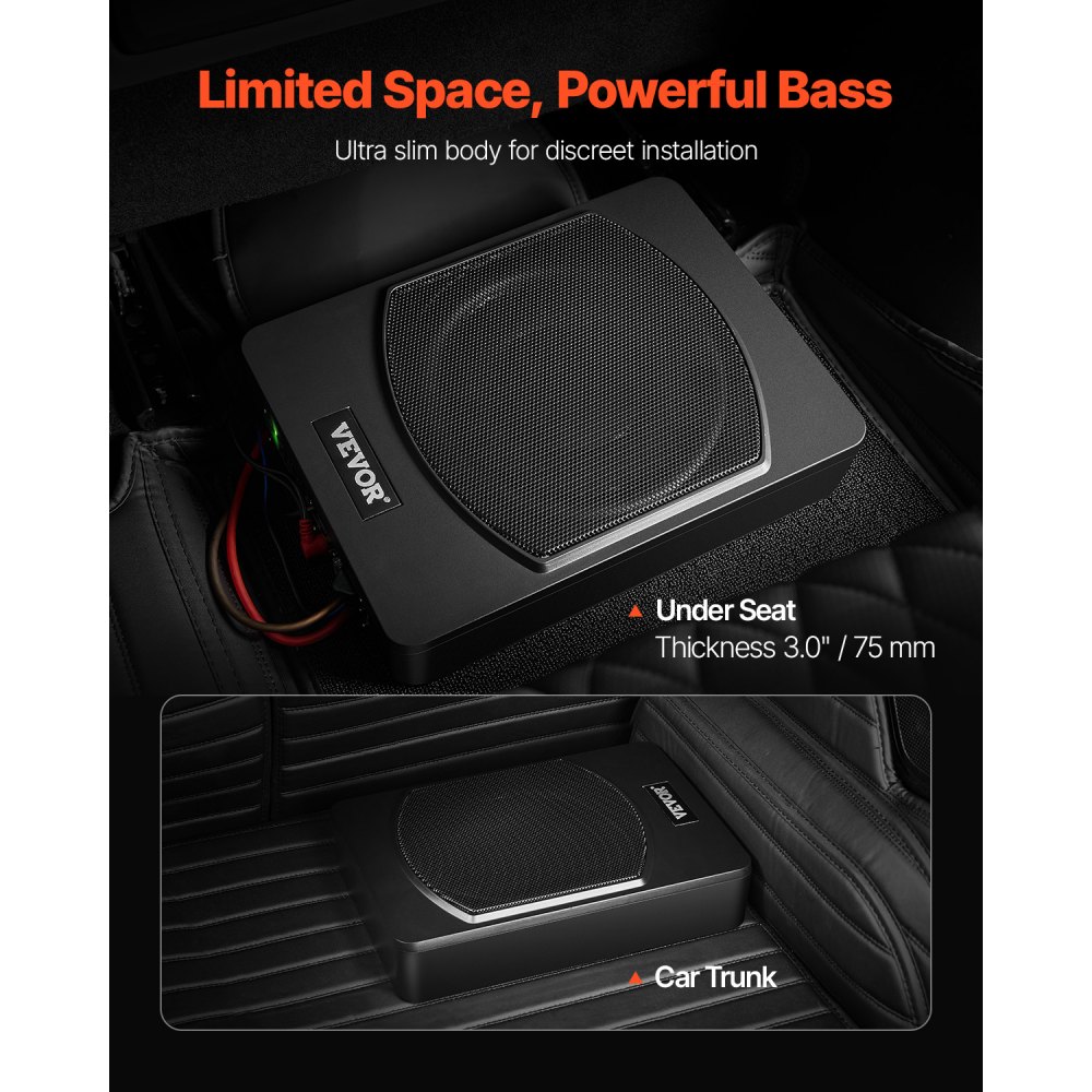 VEVOR Subwoofer para Debajo del Asiento para Automóvil 254 mm 800 W Altavoz Compacto para Coche Amplificador Incorporado Entrada de Nivel Alto Bajo Controlador de Volumen Control Remoto con Cable