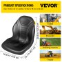 Dimensiones y aplicaciones del asiento de tractor universal VEVOR para carretillas elevadoras, excavadoras, desmalezadoras y tractores.