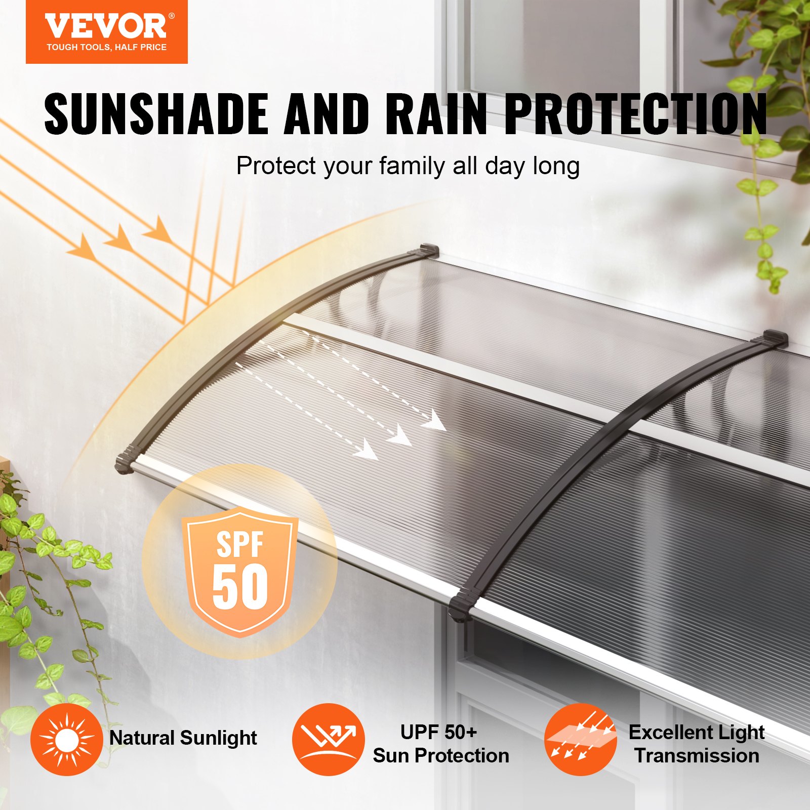 VEVOR Toldo para Puerta de Entrada 965x2975 mm Marquesina para Puerta Toldo para Ventana de Policarbonato Soporte de ABS Resistente UPF 50+ Protección Contra Rayos UV, Lluvia, Nieve, Transparente