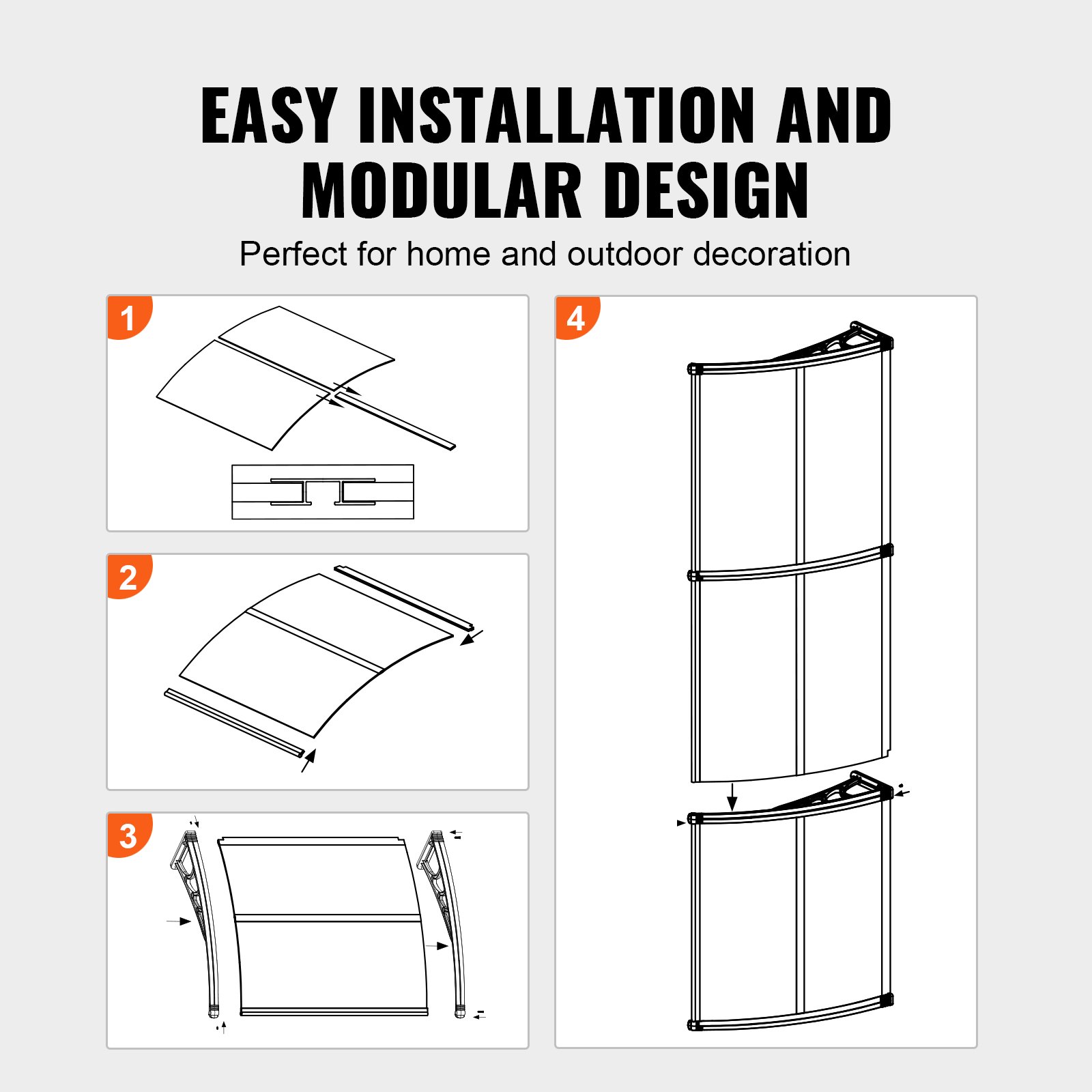 VEVOR Toldo para Puerta de Entrada 965x2975 mm Marquesina para Puerta Toldo para Ventana de Policarbonato Soporte de ABS Resistente UPF 50+ Protección Contra Rayos UV, Lluvia, Nieve, Transparente