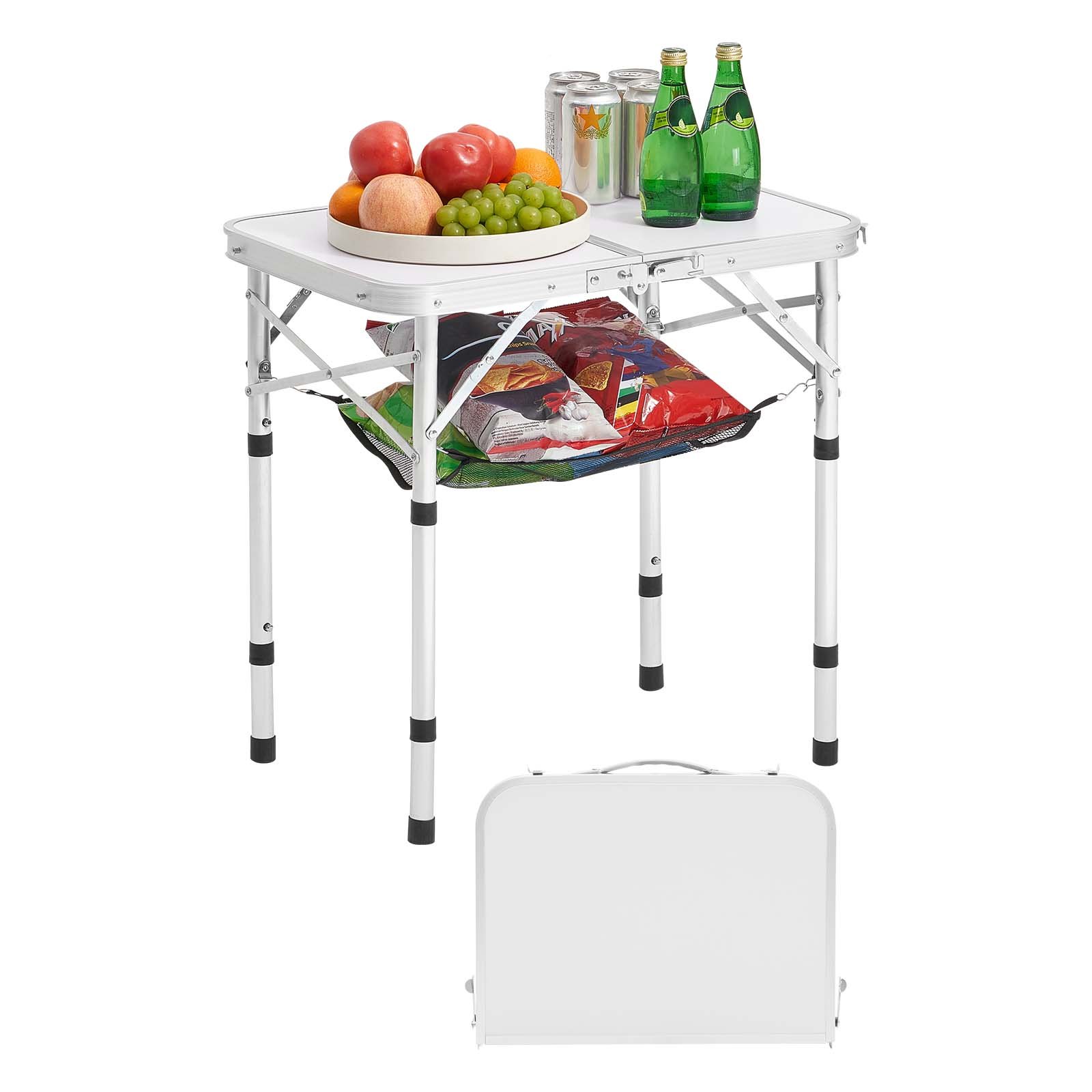 VEVOR Mesa de Camping Plegable Portátil de Altura Ajustable, de Aluminio MDF, con Malla y Asa de Transporte, Ligera y Compacta para Picnics al Aire Libre, Barbacoas, 600 x 400 x 260 mm, Plata