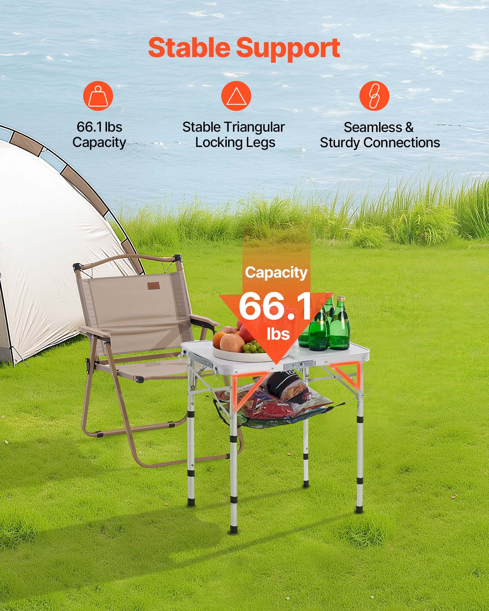 VEVOR Mesa de Camping Plegable Portátil de Altura Ajustable, de Aluminio MDF, con Malla y Asa de Transporte, Ligera y Compacta para Picnics al Aire Libre, Barbacoas, 600 x 400 x 260 mm, Plata