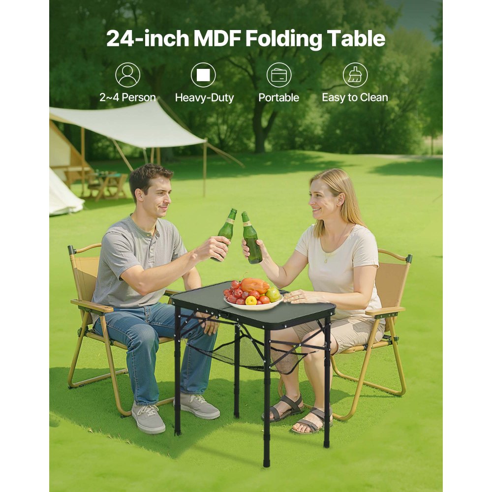 VEVOR Mesa de Camping Plegable Portátil de Altura Ajustable, de Aluminio MDF, con Malla y Asa de Transporte, Ligera y Compacta para Picnics al Aire Libre, Barbacoas, 600 x 400 x 260 mm, Negro