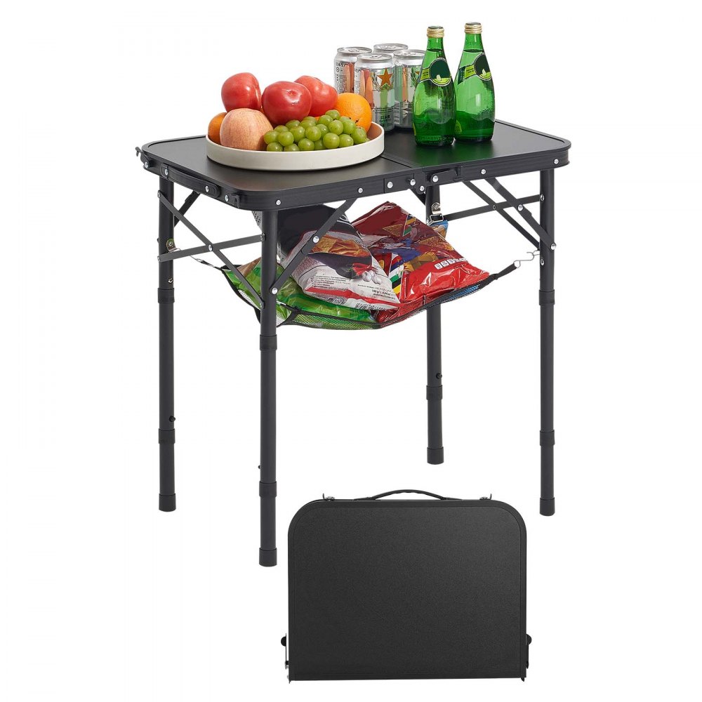 VEVOR Mesa de Camping Plegable Portátil de Altura Ajustable, de Aluminio MDF, con Malla y Asa de Transporte, Ligera y Compacta para Picnics al Aire Libre, Barbacoas, 600 x 400 x 260 mm, Negro