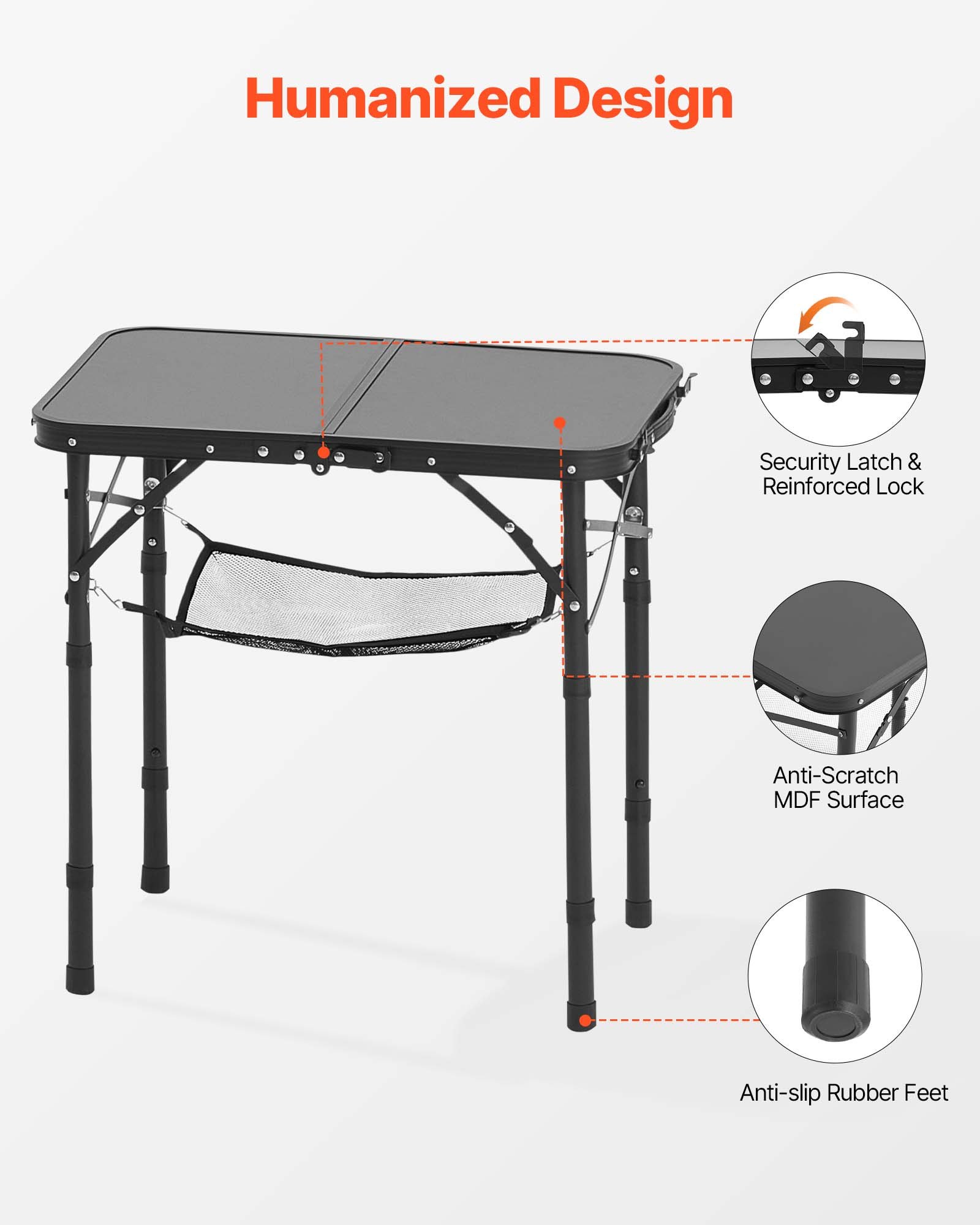 VEVOR Mesa de Camping Plegable Portátil de Altura Ajustable, de Aluminio MDF, con Malla y Asa de Transporte, Ligera y Compacta para Picnics al Aire Libre, Barbacoas, 600 x 400 x 260 mm, Negro