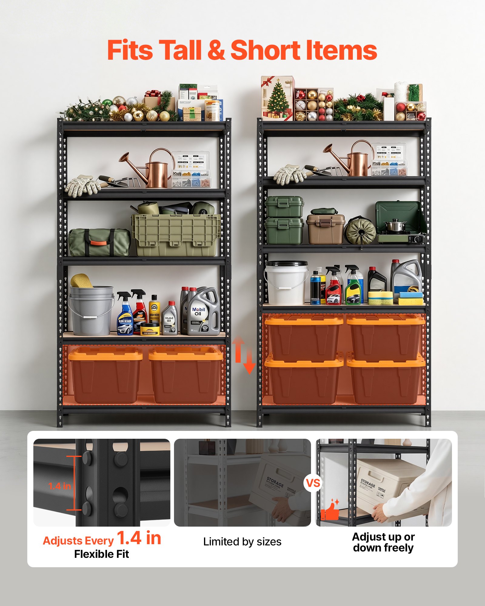 VEVOR Estantería Almacenaje Metálica de 5 Niveles 1025 x 517 x 1813 mm, Estantería Multiusos Altura Ajustable, Capacidad 1134 kg en Total con Estructura de Acero para Trastero Dormitorio Garaje Sótano
