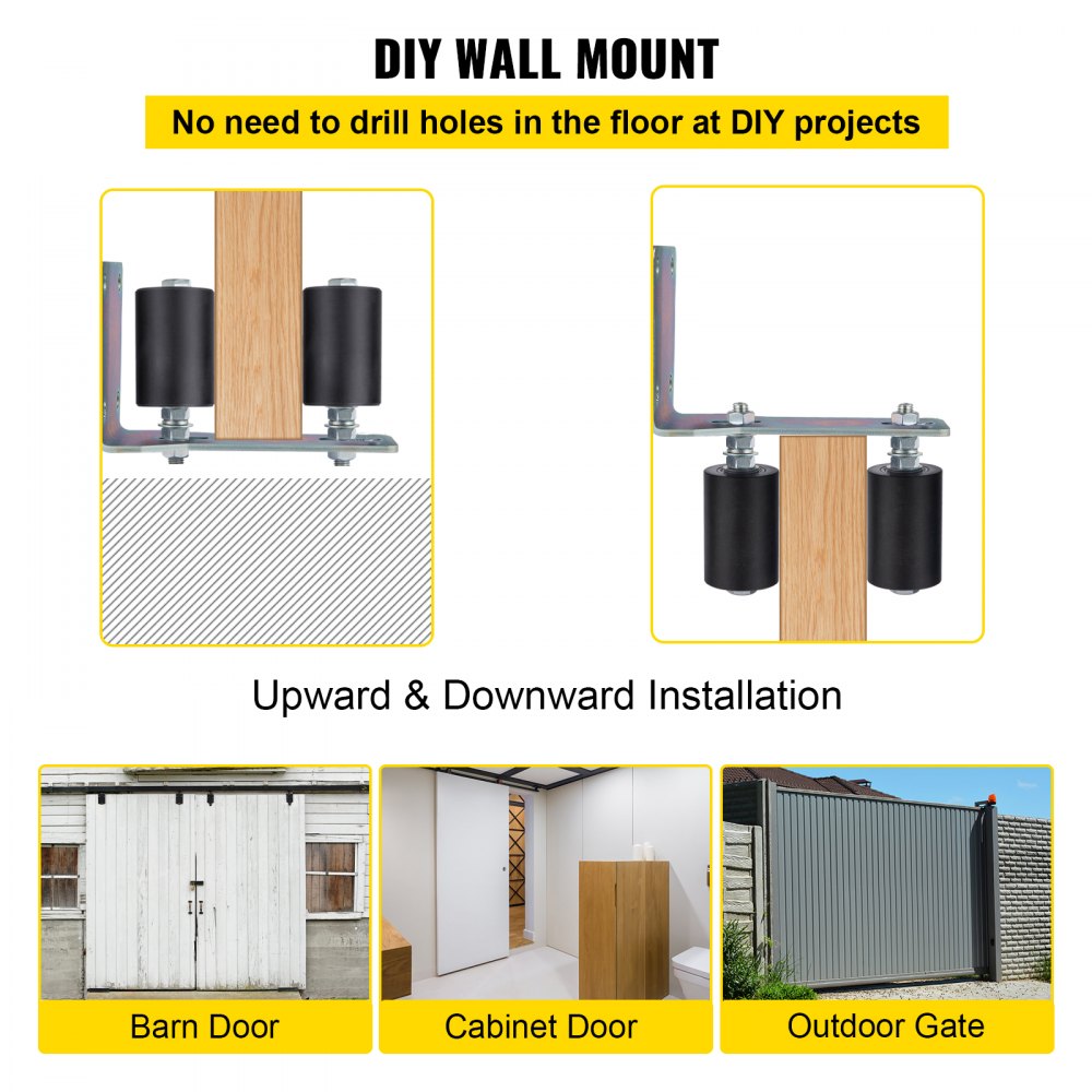 VEVOR Guía de Acero con Rodillos de Aluminio para Puerta , Corredera Pintada de Nailon Negro de 3 Pulgadas con Soporte en Forma de L y Conjunto de Soporte de Pernos Ajustables,Durable, Paquete de 2