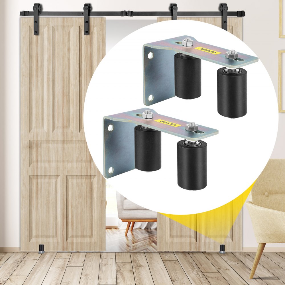VEVOR Guía de Acero con Rodillos de Aluminio para Puerta , Corredera Pintada de Nailon Negro de 3 Pulgadas con Soporte en Forma de L y Conjunto de Soporte de Pernos Ajustables,Durable, Paquete de 2