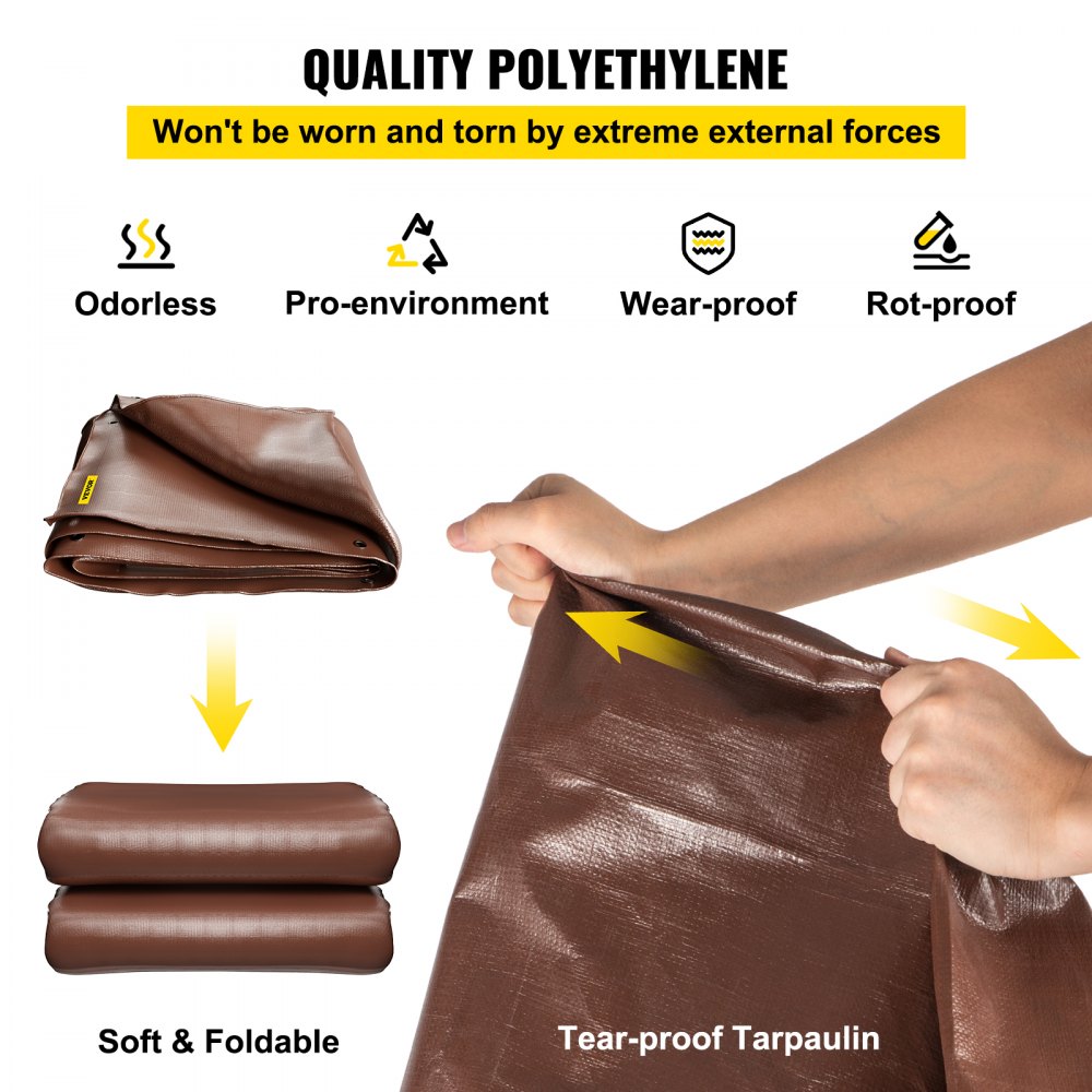 VEVOR Lona Impermeable de Polietileno Lona de Protección con Ojales 9 x 12,1 m Lona Resistente Espesor de 0,4 mm Lona Cubierta Protectora Marrón Resistente al Agua y al Desgaste para Camping Jardín