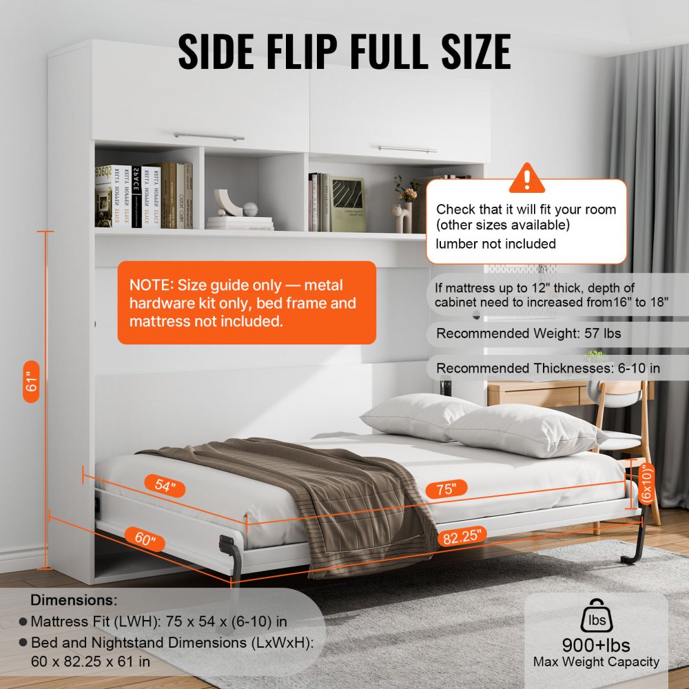 VEVOR Murphy Bed Spring Mechanism 1135 x 2215 x 1170 mm, Murphy Bed Kit, DIY Kit Mechanical Hardware for Wall Beds, Pneumatic Lever Heavy-Duty Bed Support, Folding Cabinet Wall Bed