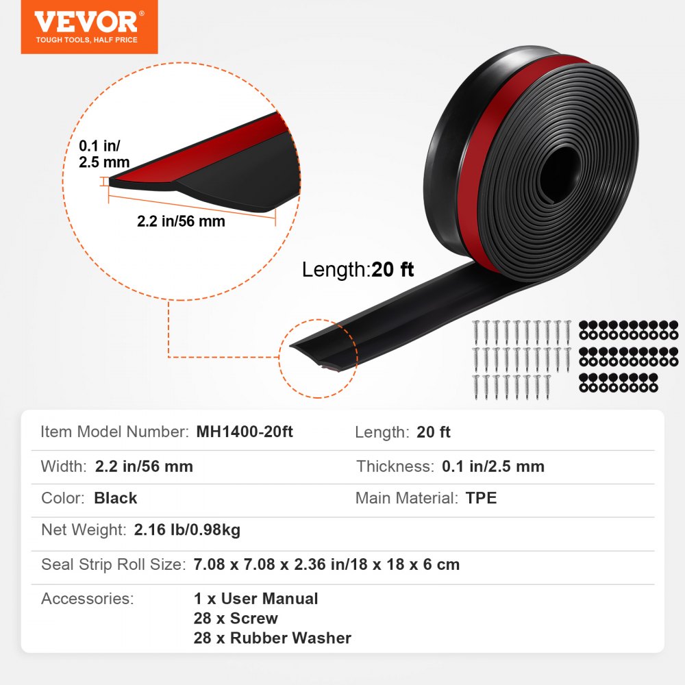 VEVOR sealing strips for top and sides, 6.09 m universal replacement sealing strips made of soft and hard composite material, weatherproof TPE seals with self-adhesive backing