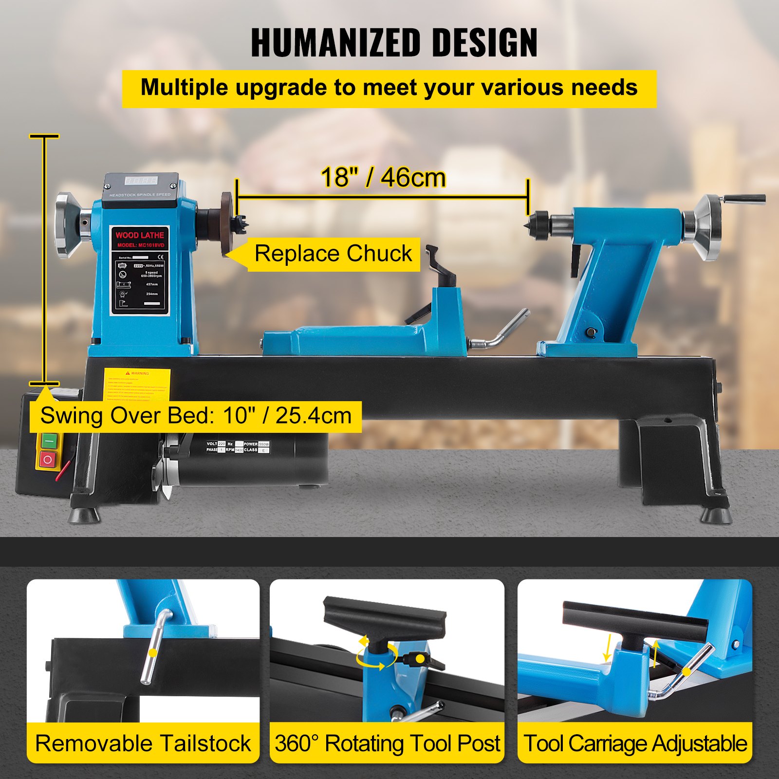 VEVOR Torno de Madera de Sobremesa de Lectura Digital 550W Torno de Velocidad Variable de Máquina de Torno de Torneado de Madera  220 V  50Hz