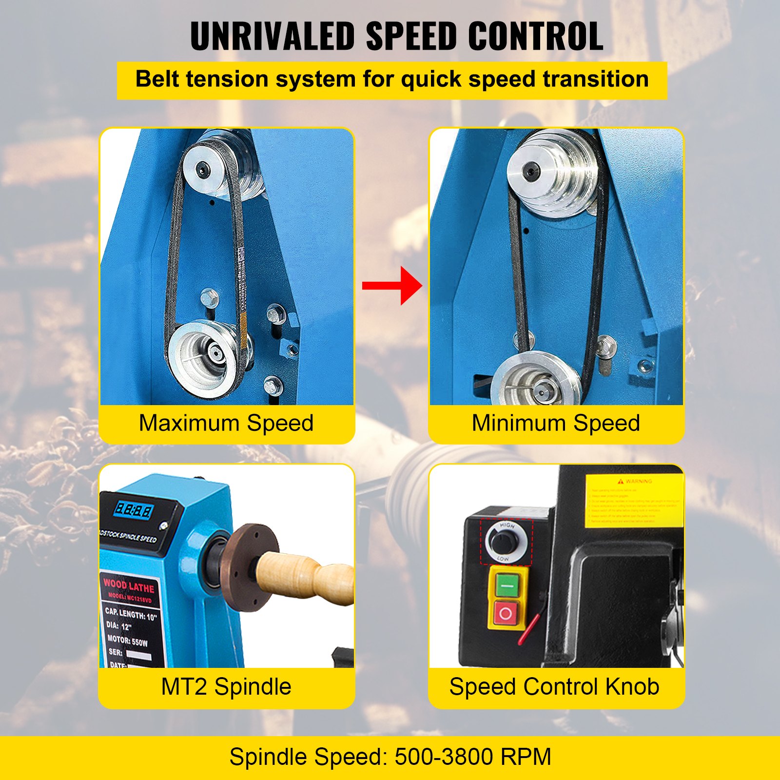 Torno de Madera de Mesa 300mm x 457mm, 550W 500-3800 RPM Nuevo
