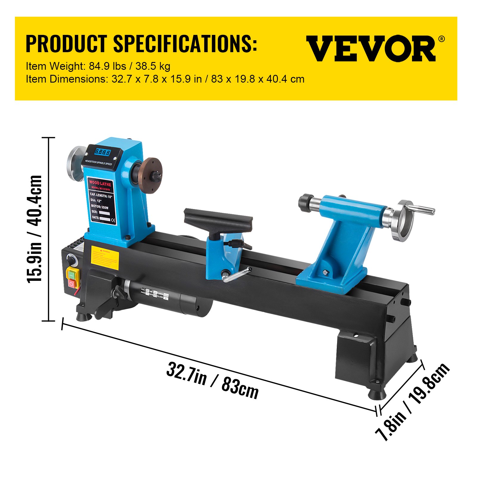 Torno de Madera de Mesa 300mm x 457mm, 550W 500-3800 RPM Nuevo