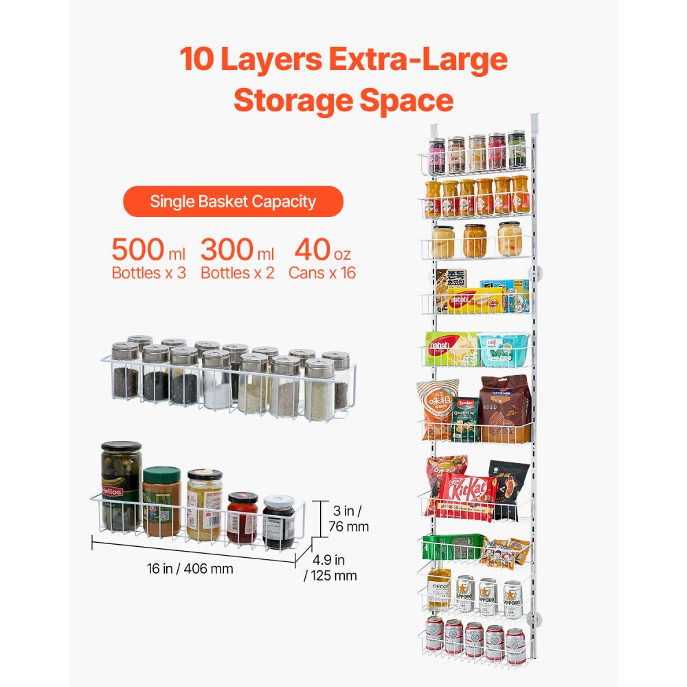 VEVOR Estante de Almacenamiento para Colgar en Puerta 10 Niveles Organizador de despensa para puerta 42 x 18 x 195 cm Estante de Especias Colgante de Acero para Hogar, Cocina, Lavadero, Baño, Blanco