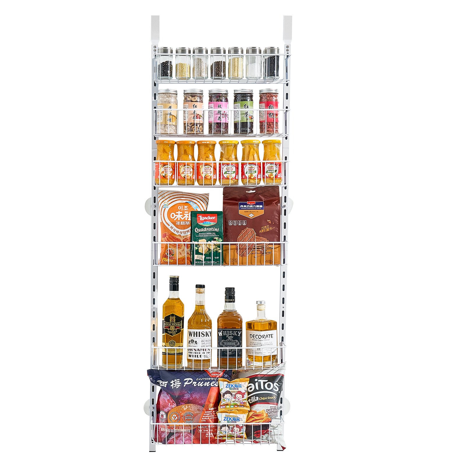 VEVOR Pantry Organizer Over-the-Door Storage, 6-Tier Hanging Spice Racks Made of Steel, Adjustable Wall-Mounted Storage Shelves, for Home Kitchen Bathroom, White