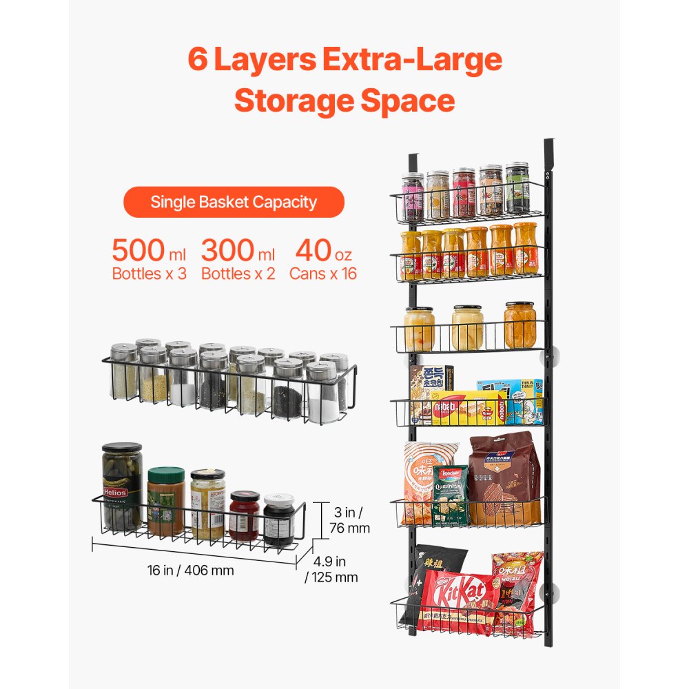 VEVOR Pantry Organizer Over-the-Door Storage, 6-Tier Hanging Spice Racks Made of Steel, Adjustable Wall-Mounted Storage Shelves, for Home Kitchen Bathroom, Black