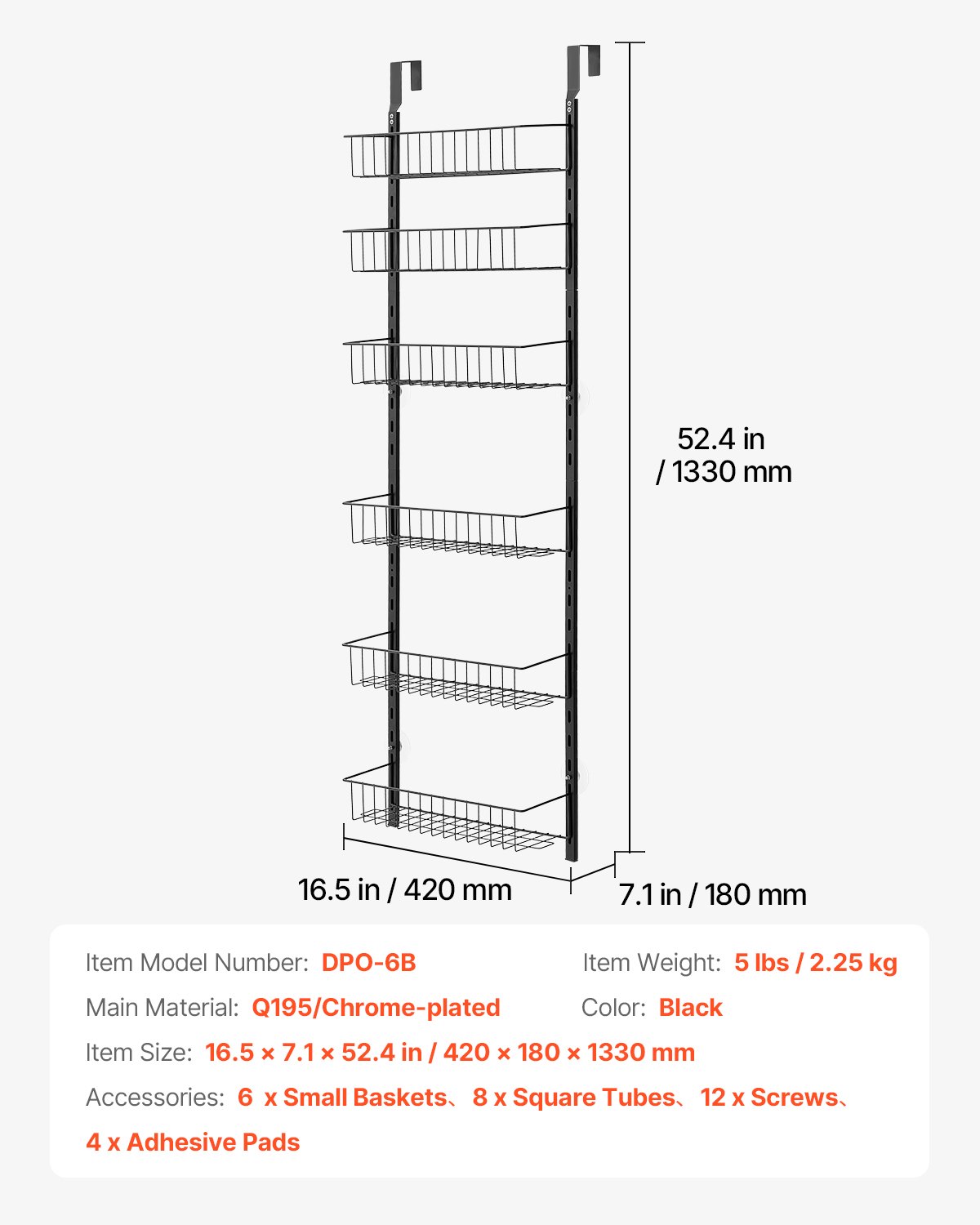 VEVOR Pantry Organizer Over-the-Door Storage, 6-Tier Hanging Spice Racks Made of Steel, Adjustable Wall-Mounted Storage Shelves, for Home Kitchen Bathroom, Black