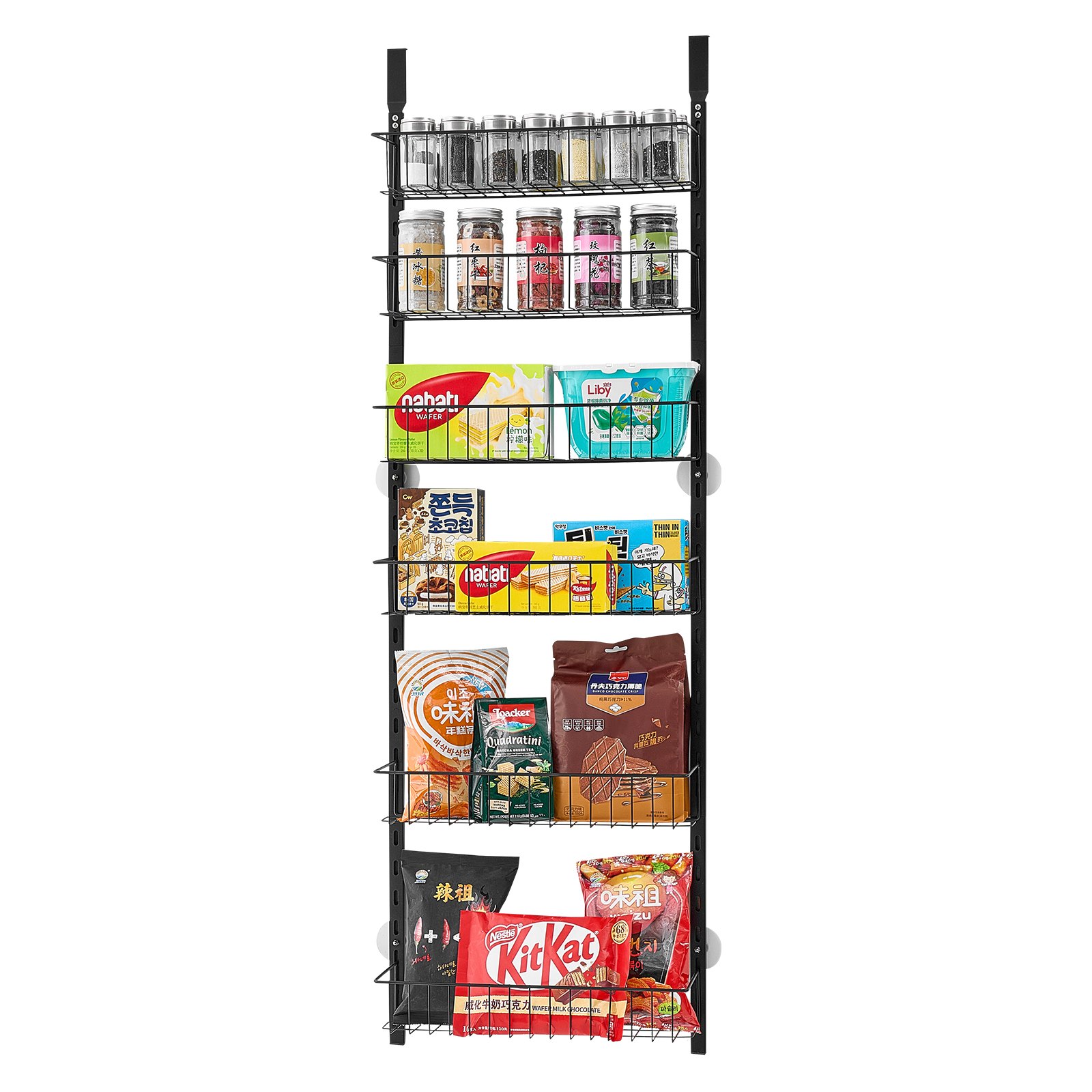 VEVOR Pantry Organizer Over-the-Door Storage, 6-Tier Hanging Spice Racks Made of Steel, Adjustable Wall-Mounted Storage Shelves, for Home Kitchen Bathroom, Black