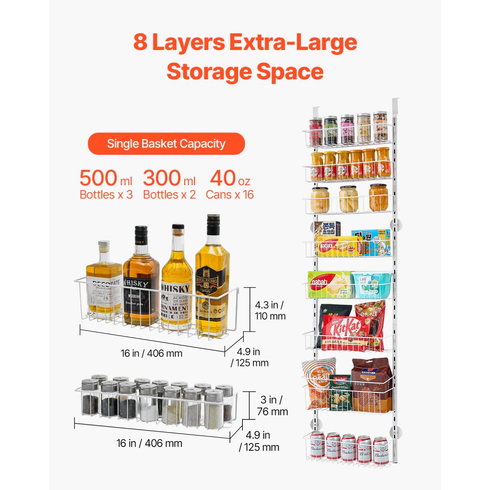 VEVOR Pantry Organizer Over-the-Door Storage, 8-Tier Hanging Spice Racks Made of Steel, Adjustable Wall-Mounted Storage Shelves, for Home Kitchen Bathroom, White