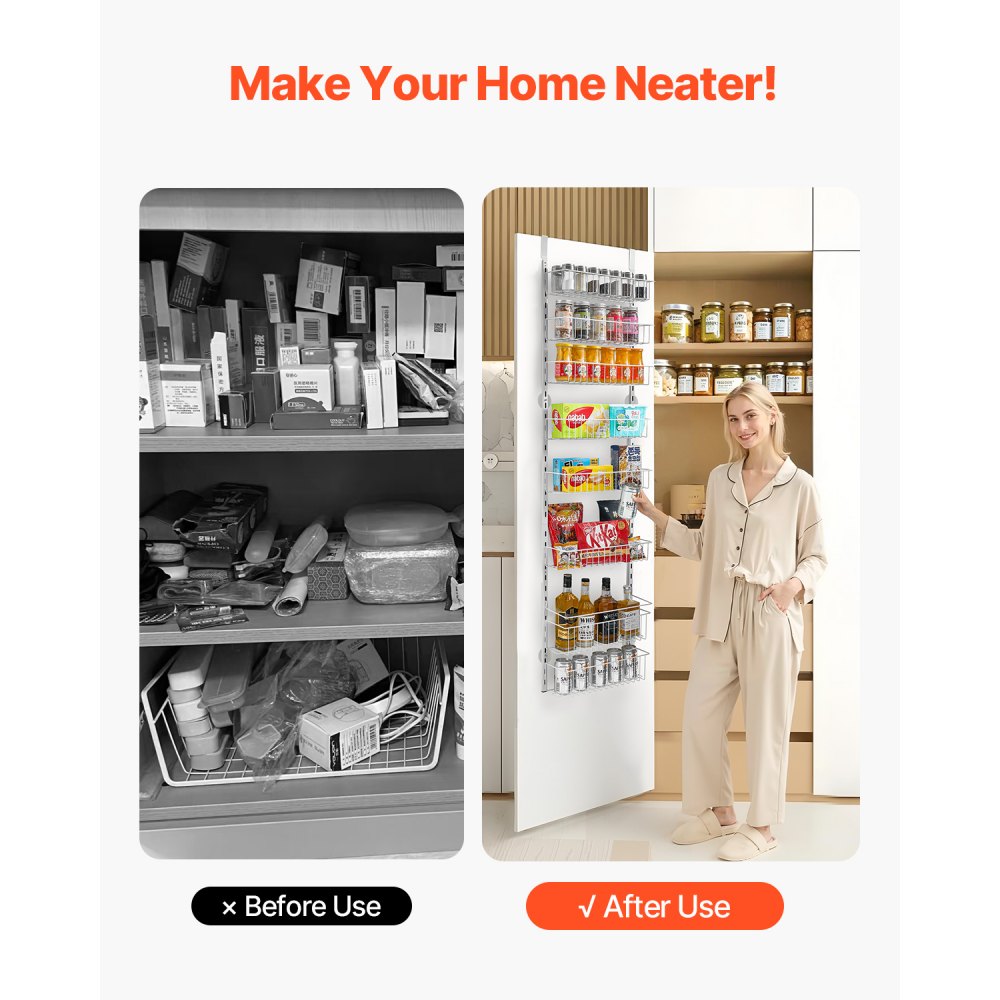 VEVOR Pantry Organizer Over-the-Door Storage, 8-Tier Hanging Spice Racks Made of Steel, Adjustable Wall-Mounted Storage Shelves, for Home Kitchen Bathroom, White