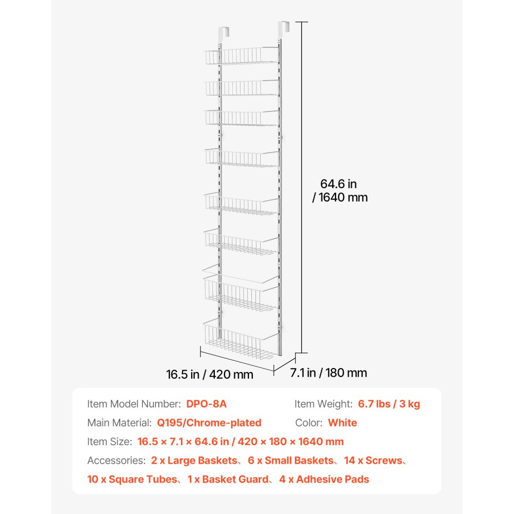 VEVOR Estante de Almacenamiento para Colgar Puerta 8 Niveles Organizador de despensa para puerta 42 x 18 x 164 cm Estante de Especias Colgante de Acero para Hogar, Cocina, Lavadero, Baño, Blanco