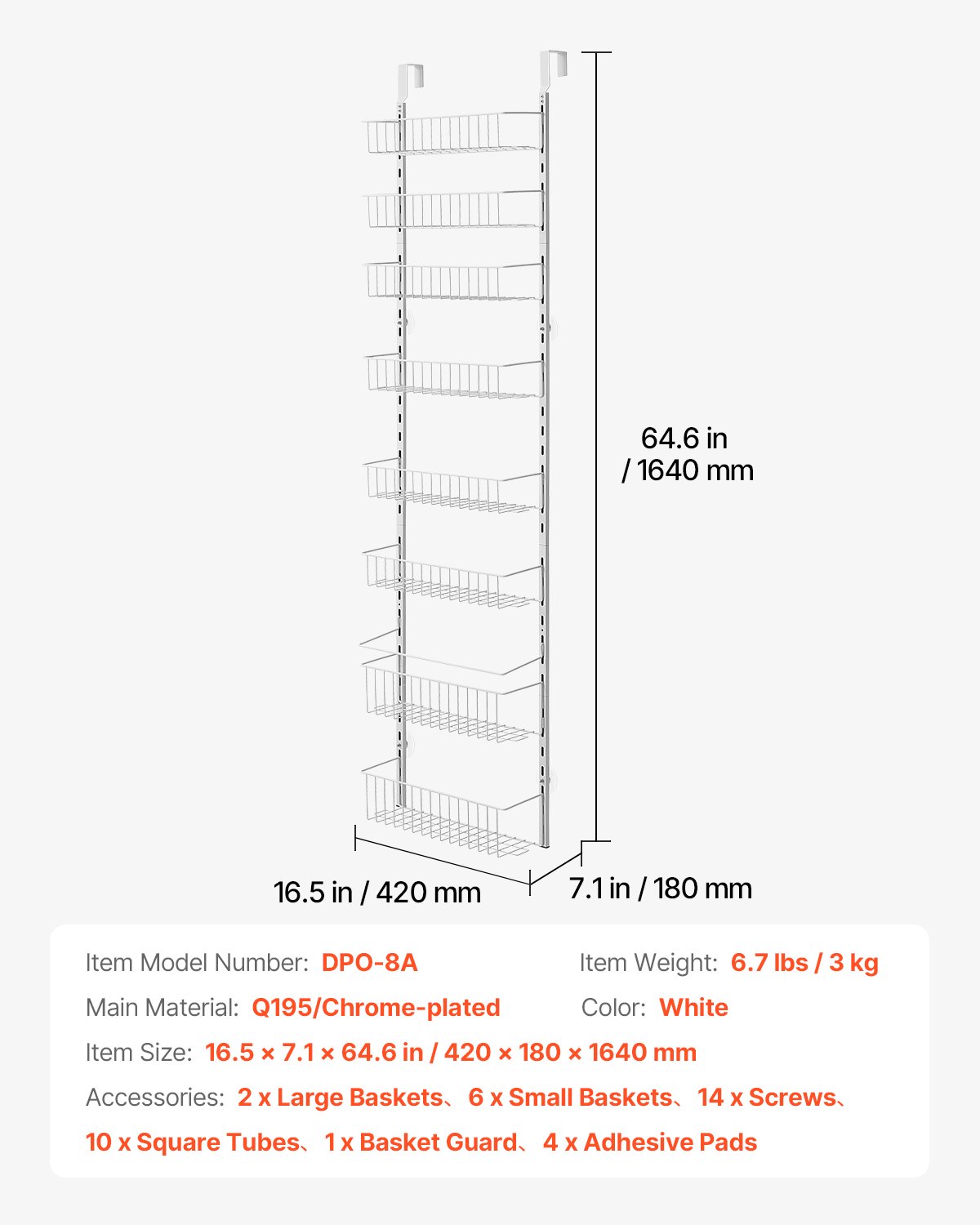 VEVOR Estante de Almacenamiento para Colgar Puerta 8 Niveles Organizador de despensa para puerta 42 x 18 x 164 cm Estante de Especias Colgante de Acero para Hogar, Cocina, Lavadero, Baño, Blanco