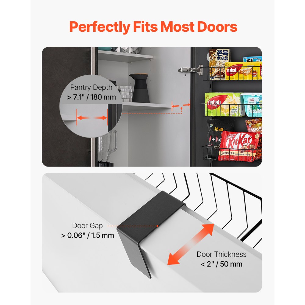 VEVOR Pantry Organizer Over-the-Door Storage, 8-Tier Hanging Spice Racks Made of Steel, Adjustable Wall-Mounted Storage Shelves, for Home Kitchen Bathroom, Black