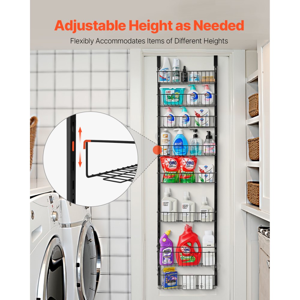 VEVOR Pantry Organizer Over-the-Door Storage, 8-Tier Hanging Spice Racks Made of Steel, Adjustable Wall-Mounted Storage Shelves, for Home Kitchen Bathroom, Black