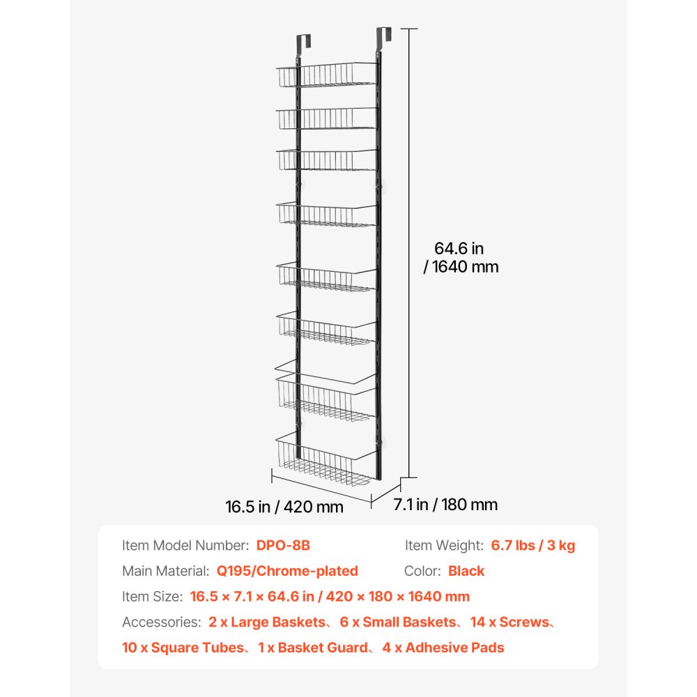 VEVOR Pantry Organizer Over-the-Door Storage, 8-Tier Hanging Spice Racks Made of Steel, Adjustable Wall-Mounted Storage Shelves, for Home Kitchen Bathroom, Black