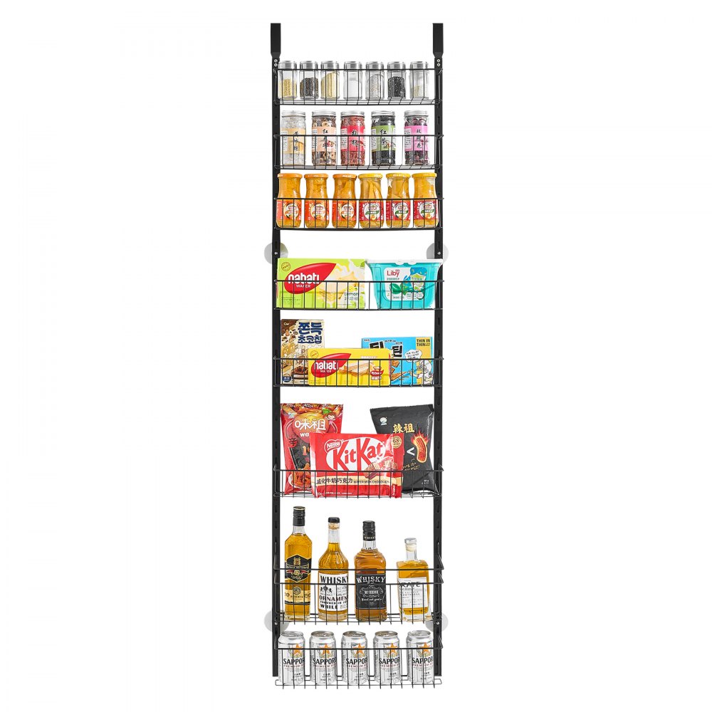 VEVOR Pantry Organizer Over-the-Door Storage, 8-Tier Hanging Spice Racks Made of Steel, Adjustable Wall-Mounted Storage Shelves, for Home Kitchen Bathroom, Black