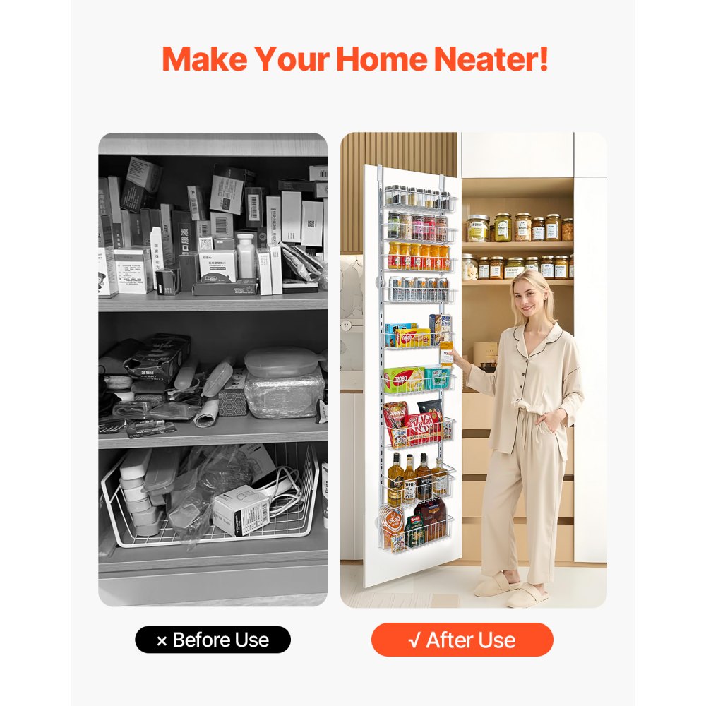 VEVOR Pantry Organizer Over-the-Door Storage, 9-Tier Hanging Spice Racks Made of Steel, Adjustable Wall-Mounted Storage Shelves, for Home Kitchen Bathroom, White