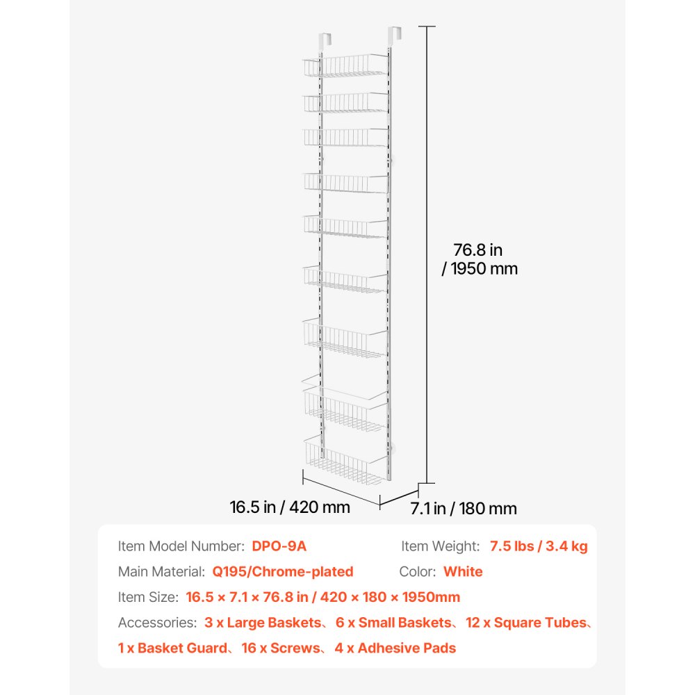 VEVOR Pantry Organizer Over-the-Door Storage, 9-Tier Hanging Spice Racks Made of Steel, Adjustable Wall-Mounted Storage Shelves, for Home Kitchen Bathroom, White