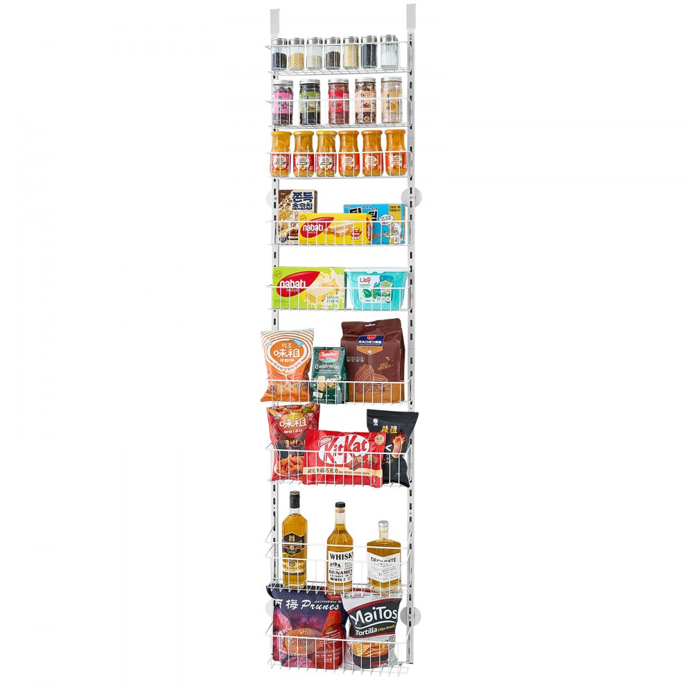 VEVOR Pantry Organizer Over-the-Door Storage, 9-Tier Hanging Spice Racks Made of Steel, Adjustable Wall-Mounted Storage Shelves, for Home Kitchen Bathroom, White