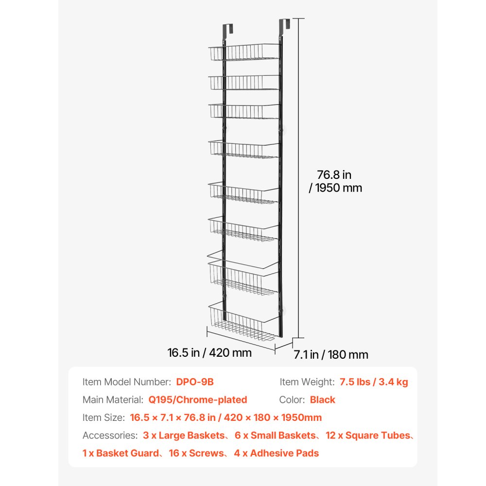 VEVOR Estante de Almacenamiento para Colgar Puerta 9 Niveles Organizador de despensa para puerta 42 x 18 x 195 cm Estante de Especias Colgante de Acero para Hogar, Cocina, Lavadero, Baño, Negro