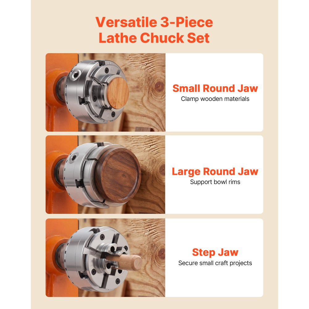 VEVOR Mandril para Torno de Madera 4 pulgadas 4 Mordazas, Juego de Mandril Autocentrante con Engranaje Cónico, Rosca de 1 pulgada x 8 TPI, Juego de 3 Mandriles de Pasador y Redondos para Carpintería